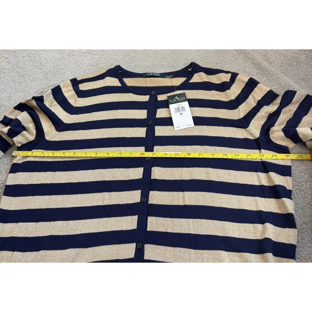 Lauren Ralph Lauren Women 2X Cardigan Navy Gold Metallic Stripe Knit Sweater NWT - Picture 6 of 13